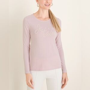 Chico’s- Women’s Light Pink Je Taime Tee with Pearl Bead Detail, Size 1 (M)